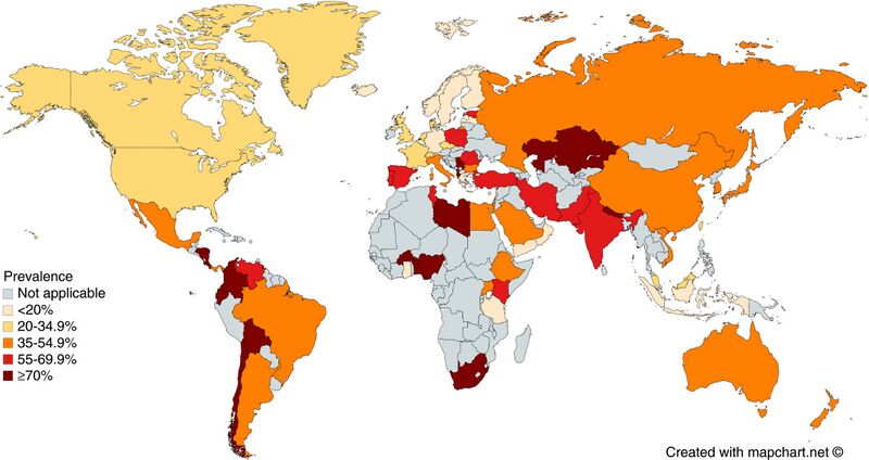File:Prevalence of ''Helicobacter pylori'' infection across the world.jpg